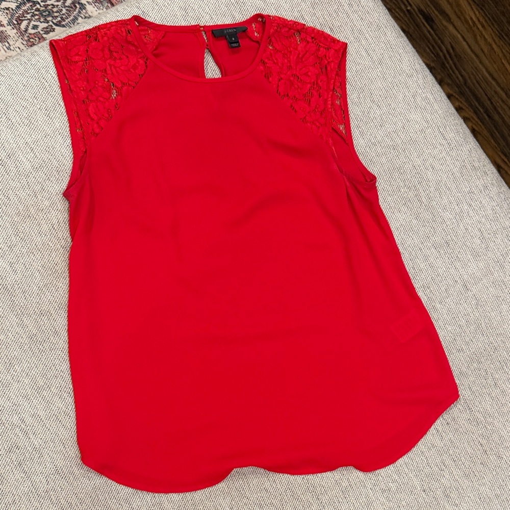 JCrew Facotry Red Lace-Shoulder Cap Sleeve  Blouse
